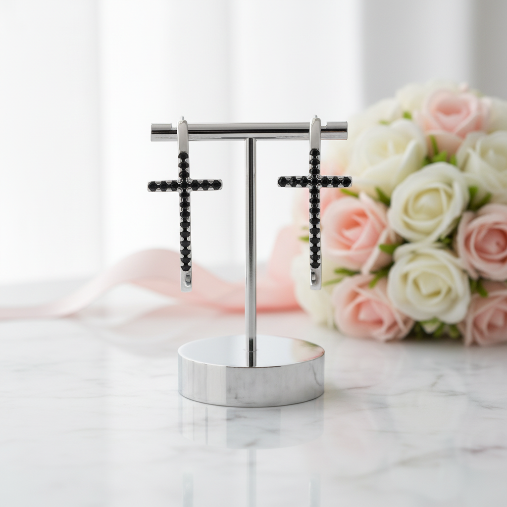 Classic Cross Black Diamond Option Stud Earrings-Black Diamonds New York
