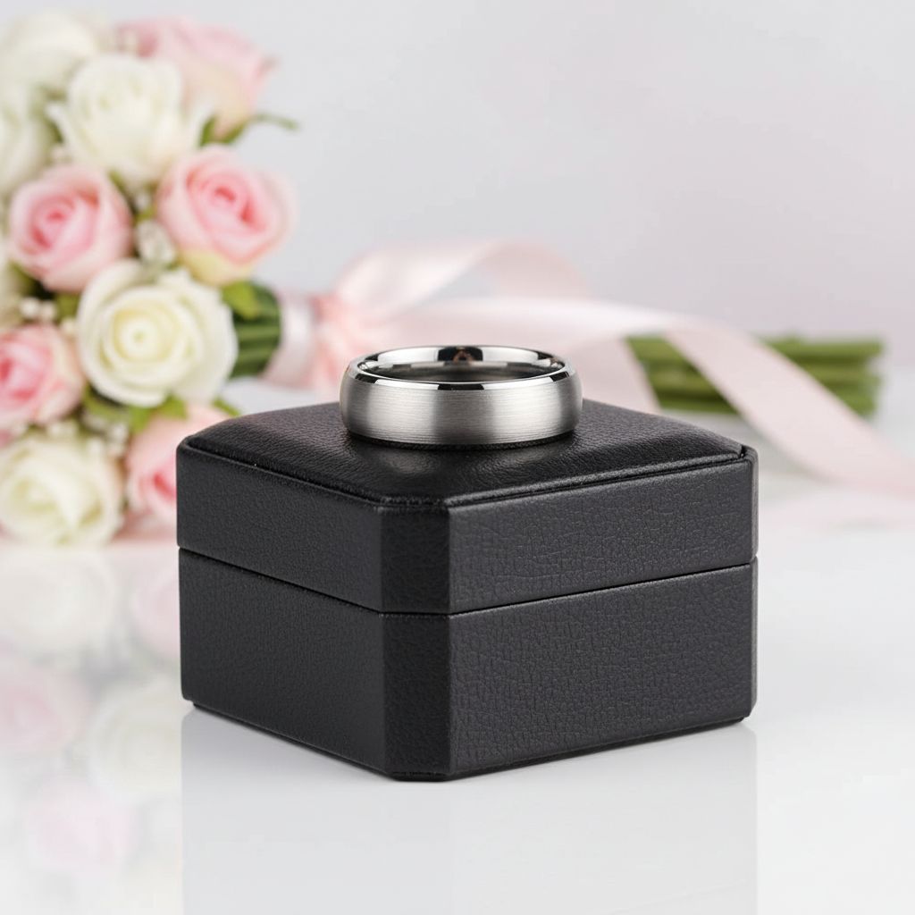 Classic Domed Titanium Wedding Band-Black Diamonds New York