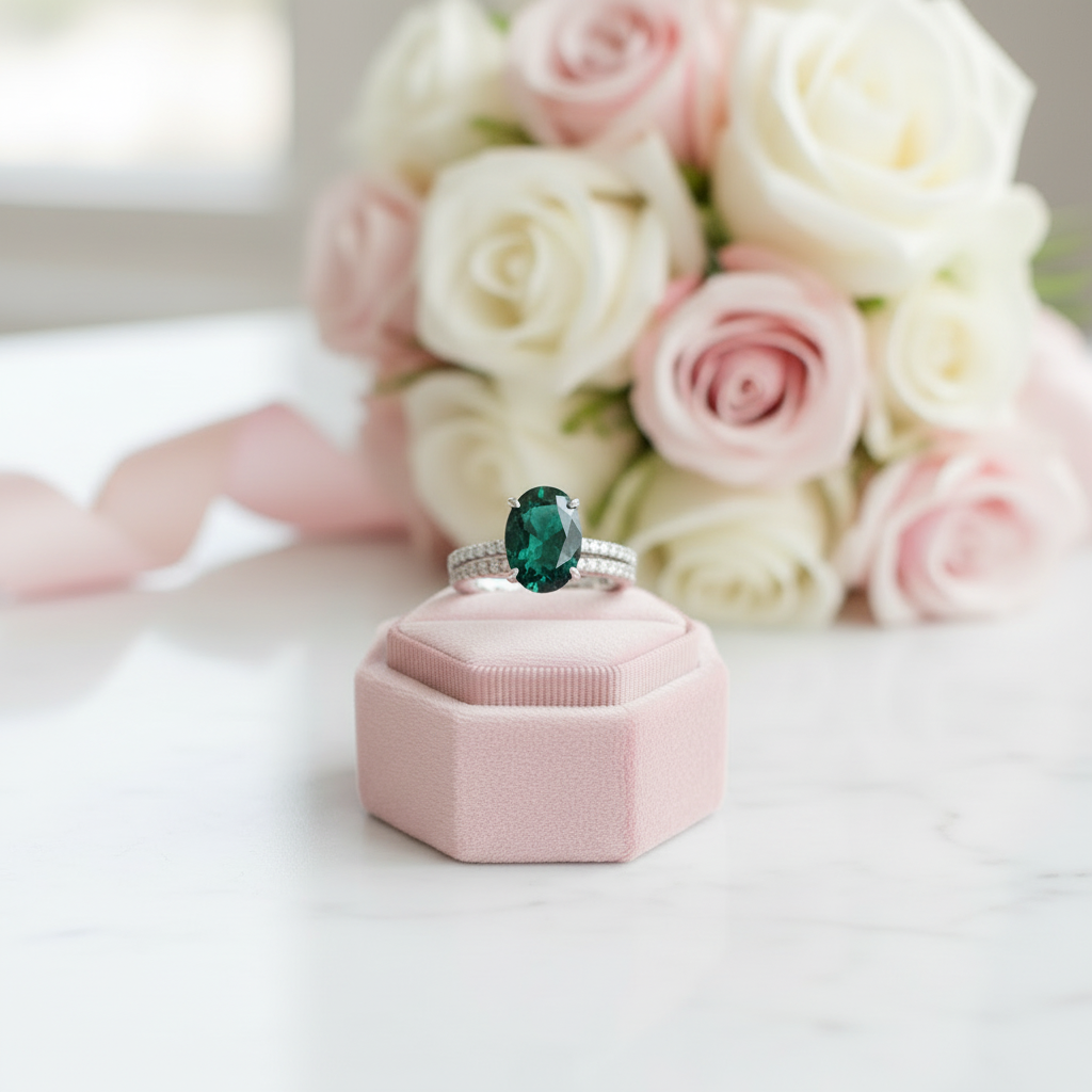 Classic Emerald Green Oval Cut Ring Set-Black Diamonds New York