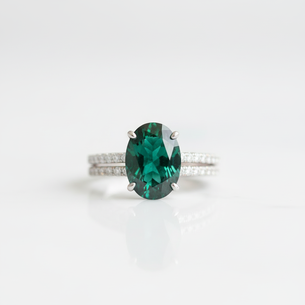 Classic Emerald Green Oval Cut Ring Set-Black Diamonds New York