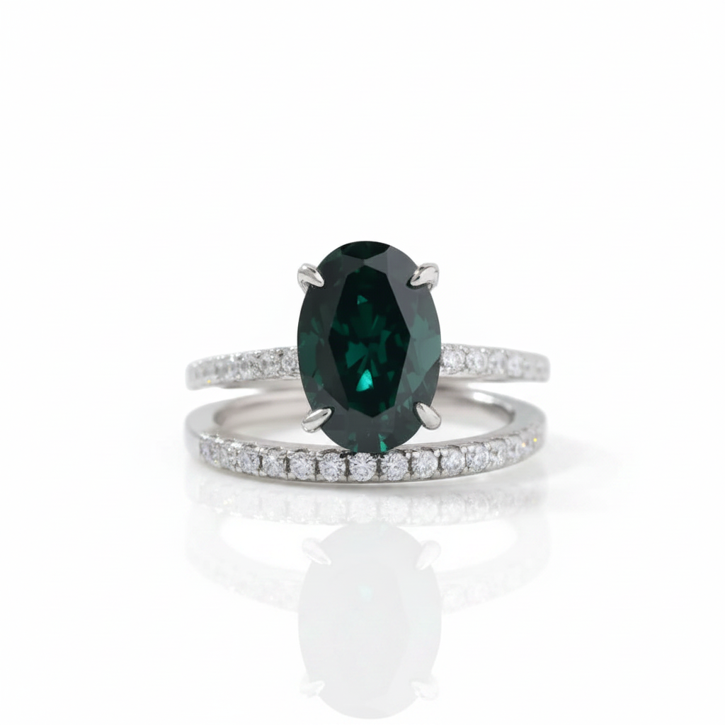 Classic Emerald Green Oval Cut Ring Set-Black Diamonds New York