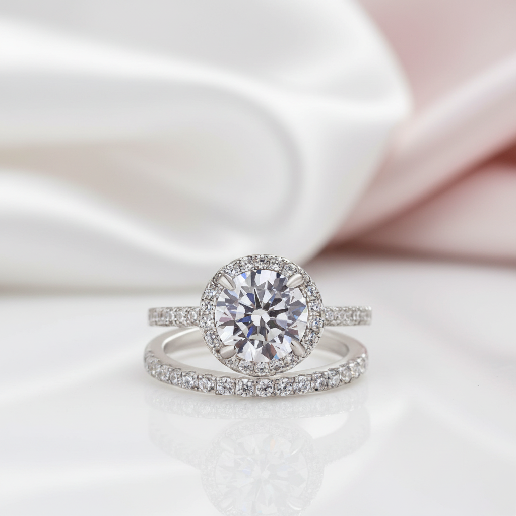 Classic Halo Round Cut White Gold Wedding Ring Set-Black Diamonds New York