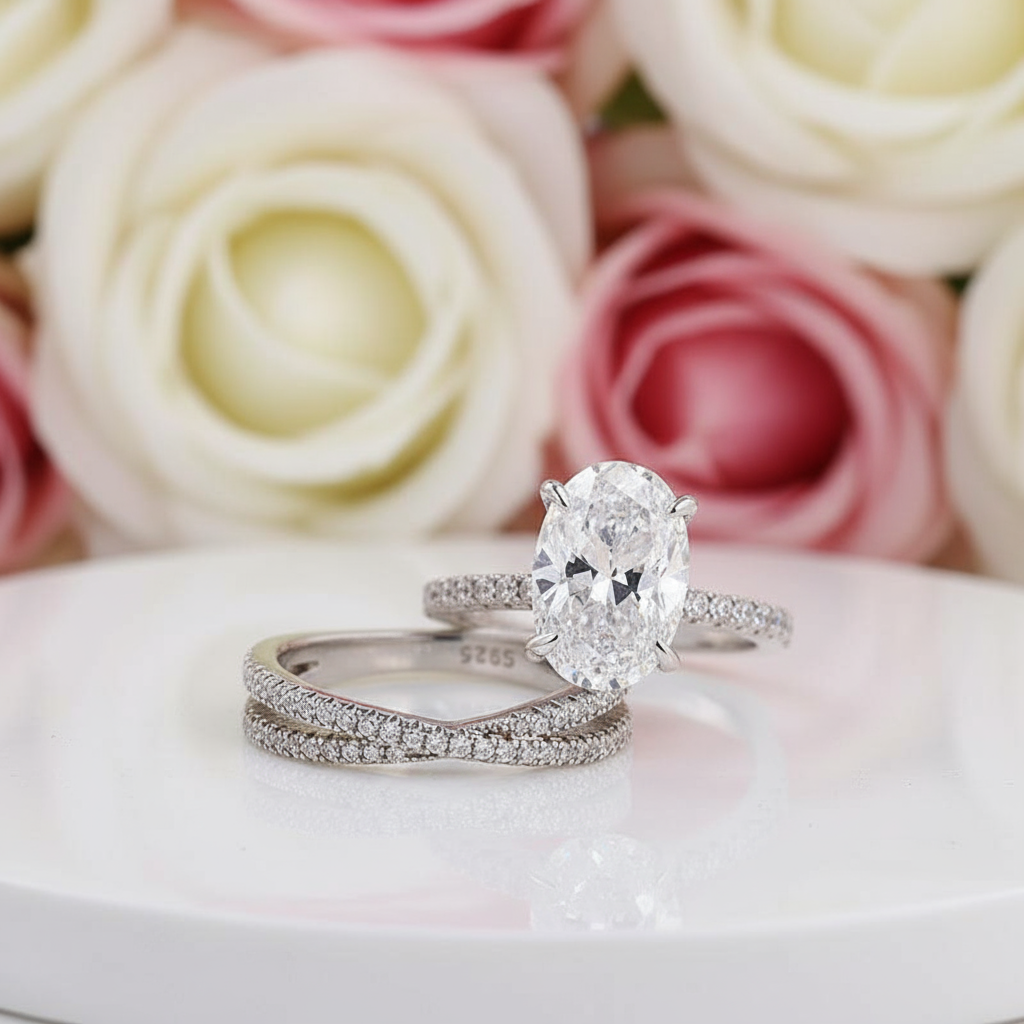 Classic Oval Cut Simulated Diamond Engagement Ring Set-Black Diamonds New York