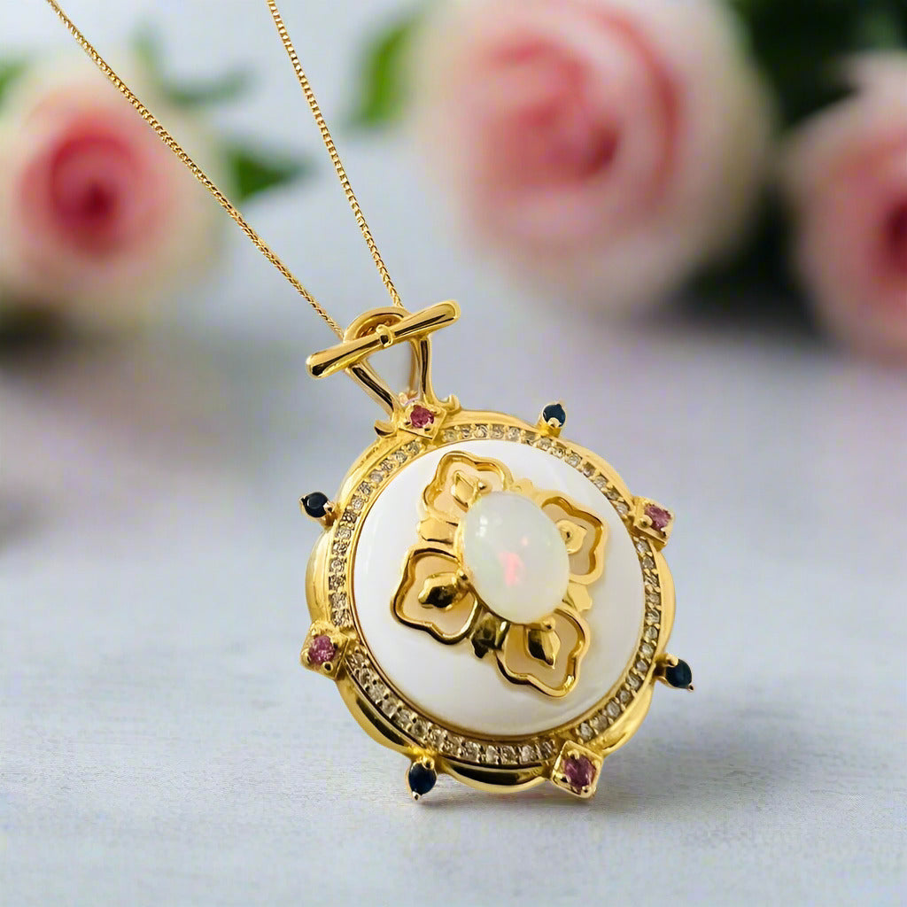 Classic Oval Opal Pendant Necklace-Black Diamonds New York