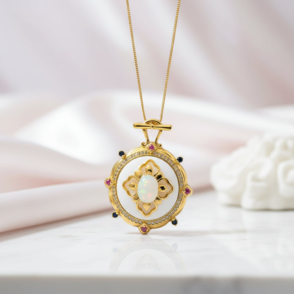 Classic Oval Opal Pendant Necklace-Black Diamonds New York