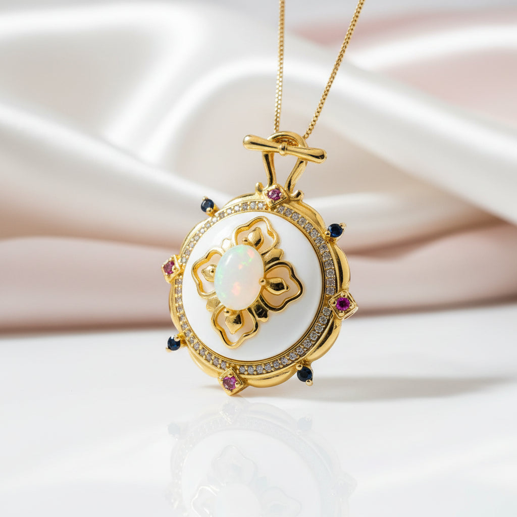 Classic Oval Opal Pendant Necklace-Black Diamonds New York