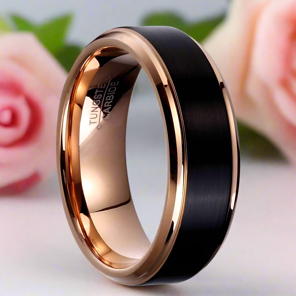 Classic Rose Gold & Black Tungsten Carbide Unisex Wedding Rings-Black Diamonds New York