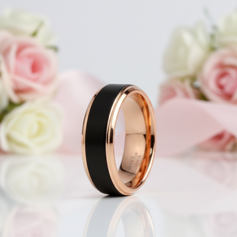 Classic Rose Gold & Black Tungsten Carbide Unisex Wedding Ring-Black Diamonds New York
