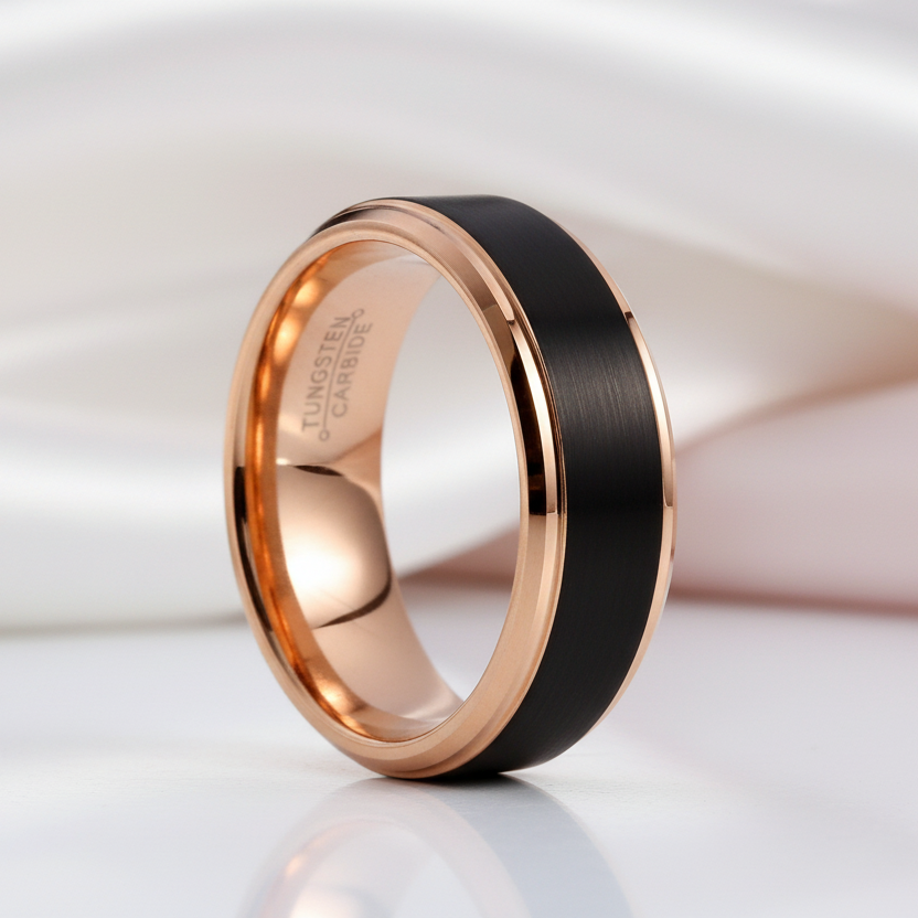 Classic Rose Gold & Black Tungsten Carbide Unisex Wedding Ring-Black Diamonds New York