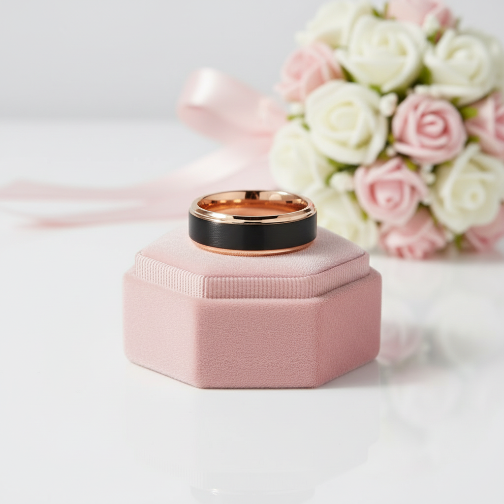Classic Rose Gold & Black Tungsten Carbide Unisex Wedding Ring-Black Diamonds New York