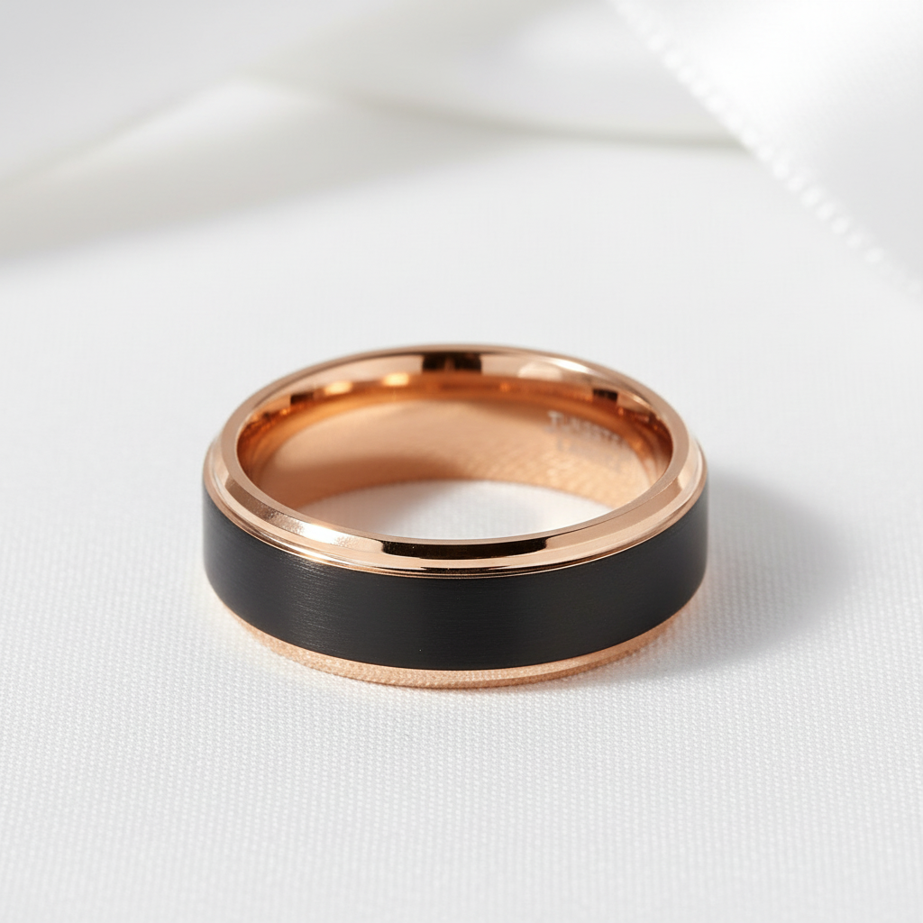 Classic Rose Gold & Black Tungsten Carbide Unisex Wedding Ring-Black Diamonds New York