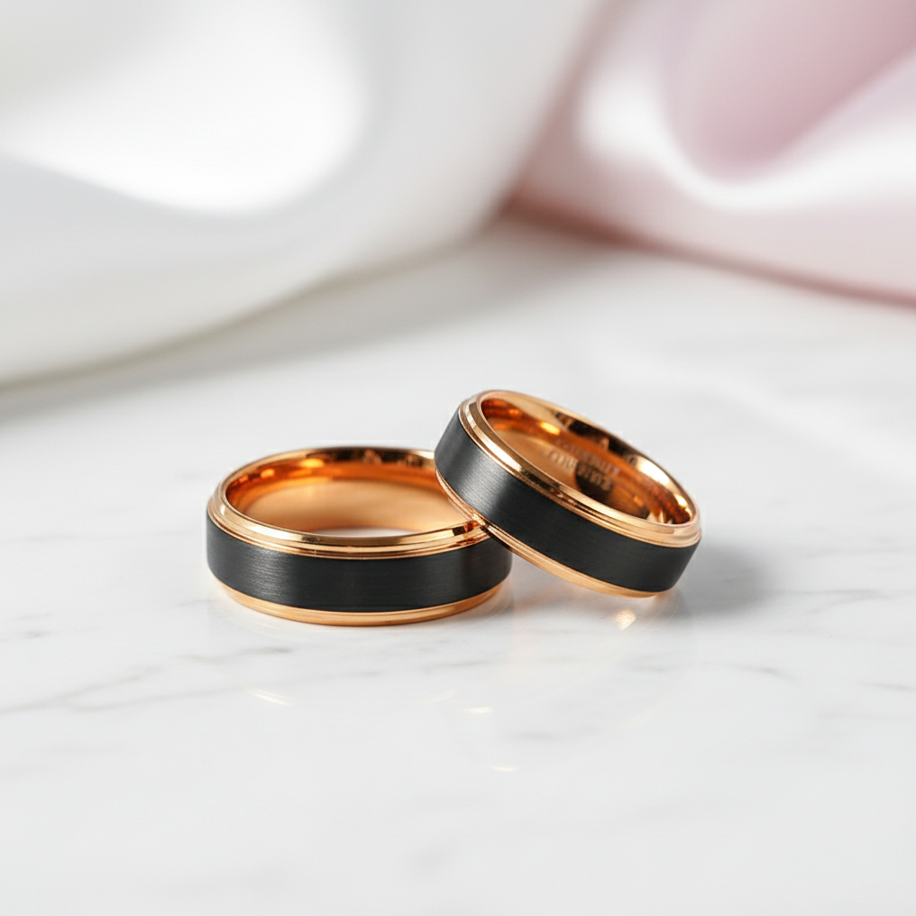 Classic Rose Gold & Black Tungsten Carbide Unisex Wedding Ring-Black Diamonds New York