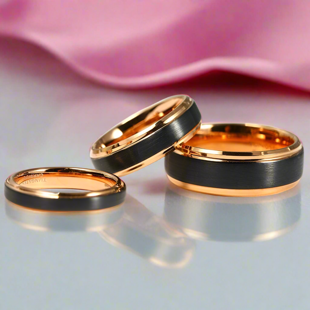 Classic Rose Gold & Black Tungsten Carbide Unisex Wedding Rings-Black Diamonds New York