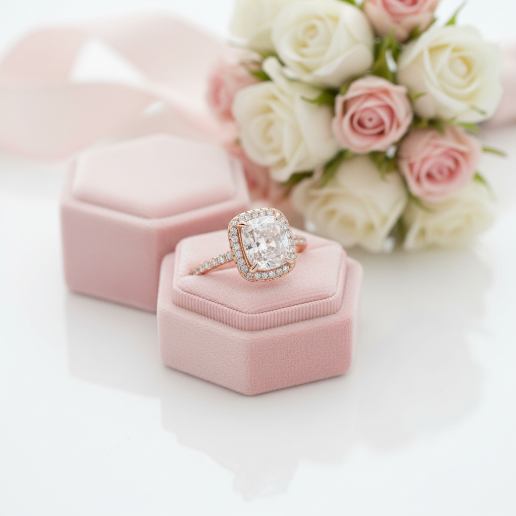 A rose gold ring with a cushion-cut diamond and a halo of small diamonds sits on a pink velvet ring box, with another pink box and a bouquet of white and pink roses in the background.