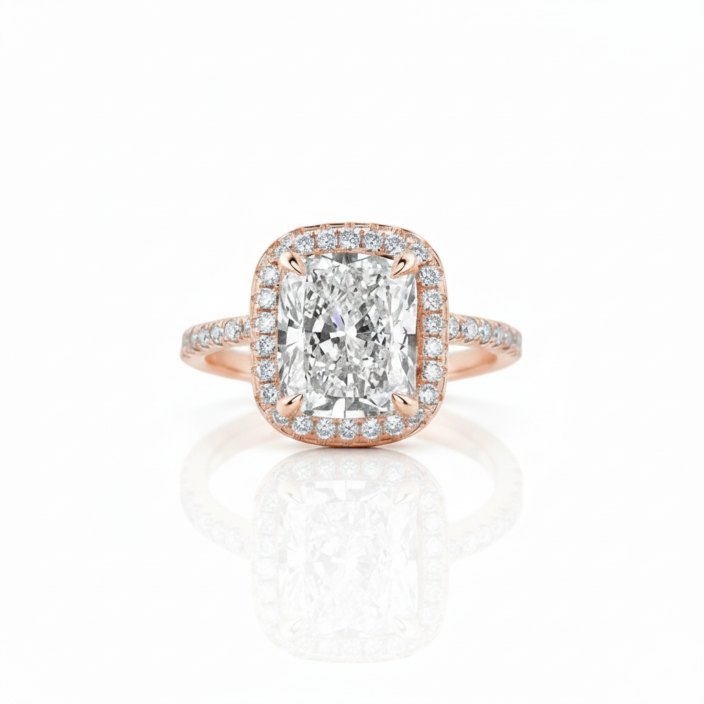 Classic Rose Gold Halo Radiant Cut Engagement Ring-Black Diamonds New York