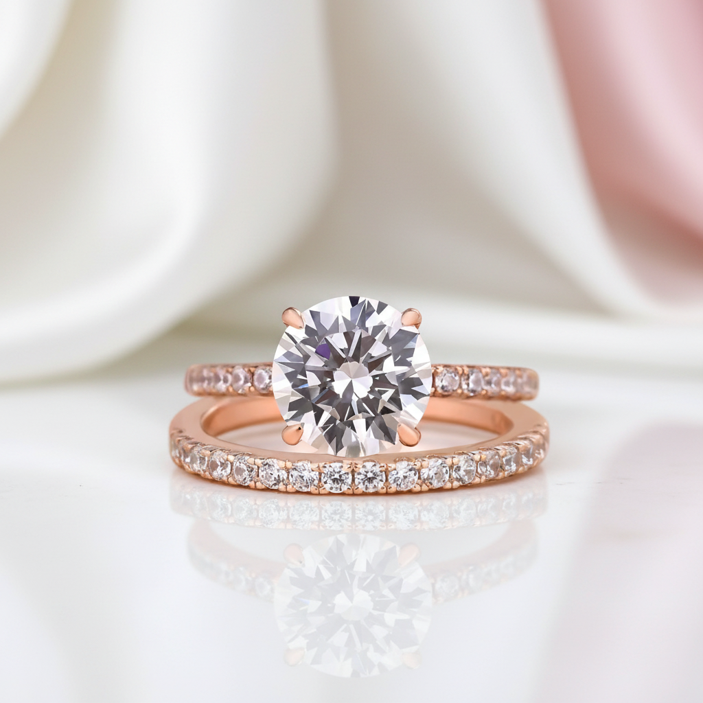 Classic Rose Gold Round Cut Wedding Ring Set-Black Diamonds New York