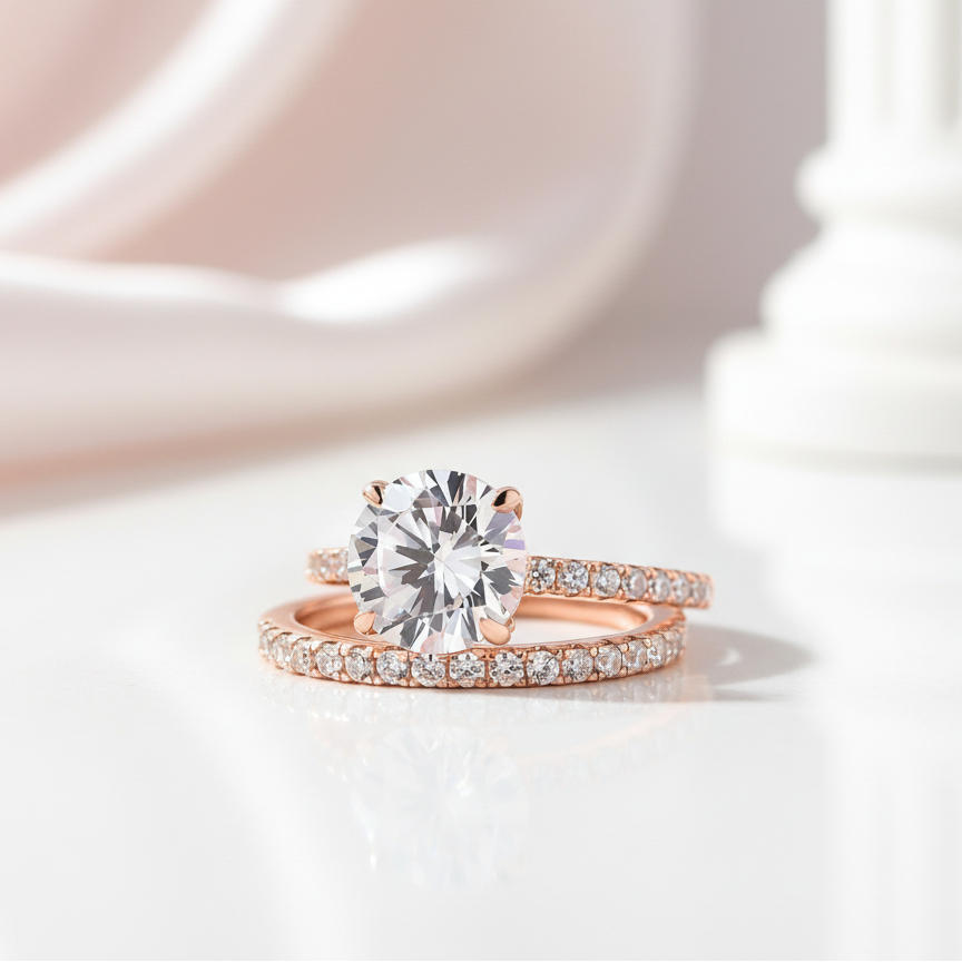 Classic Rose Gold Round Cut Wedding Ring Set-Black Diamonds New York