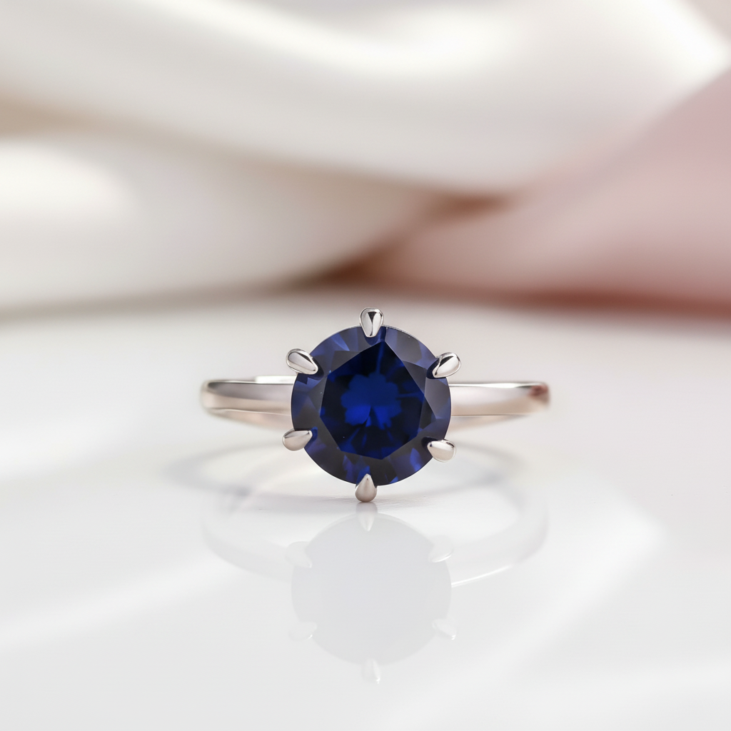 Classic Round Cut 6 Prong Blue Sapphire Engagement Ring-Black Diamonds New York