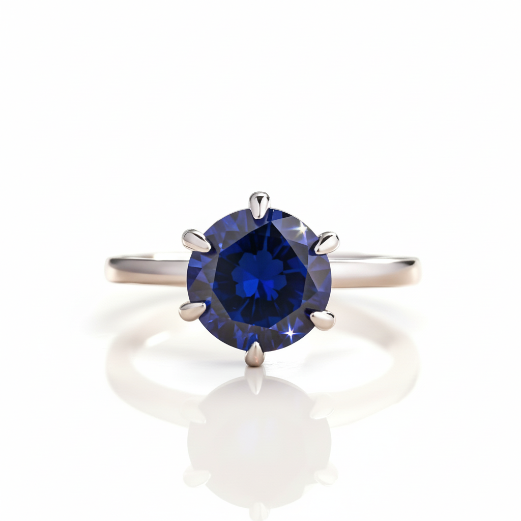 Classic Round Cut 6 Prong Blue Sapphire Engagement Ring-Black Diamonds New York