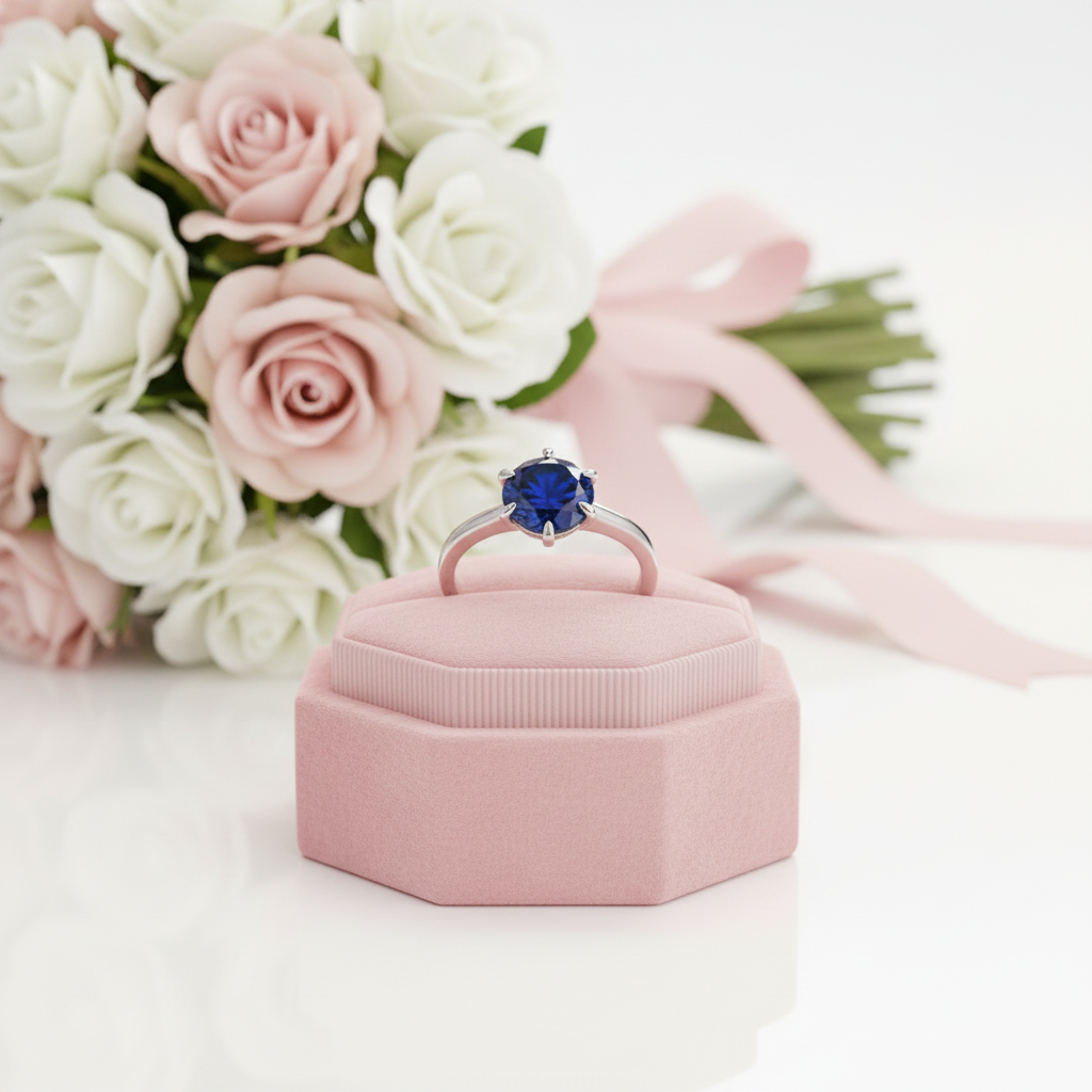 Classic Round Cut 6 Prong Blue Sapphire Engagement Ring-Black Diamonds New York