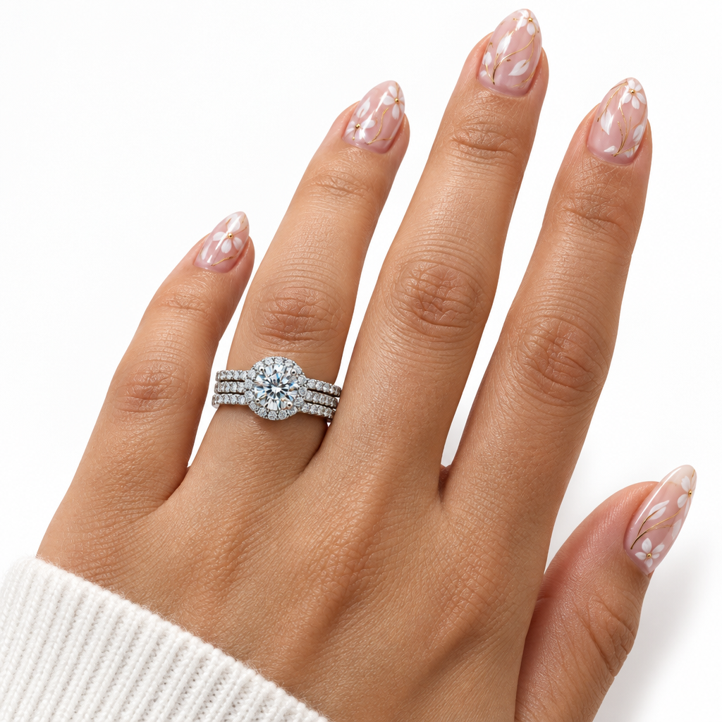 A close-up of a hand wearing a silver-toned double-band ring with a round cluster of clear gemstones on the ring finger, against a clean white background.
