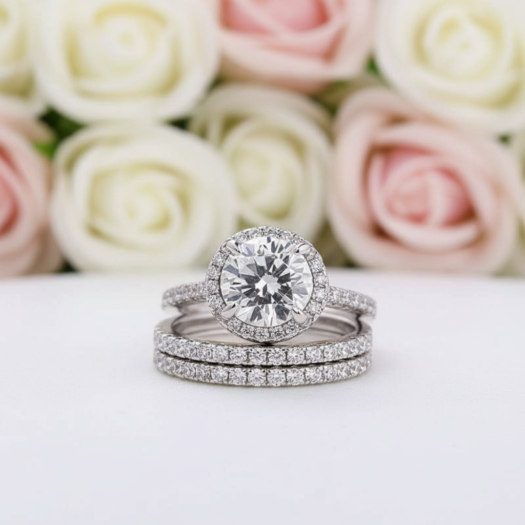 Classic Round Cut Halo 3-Pieces Wedding Set-Black Diamonds New York