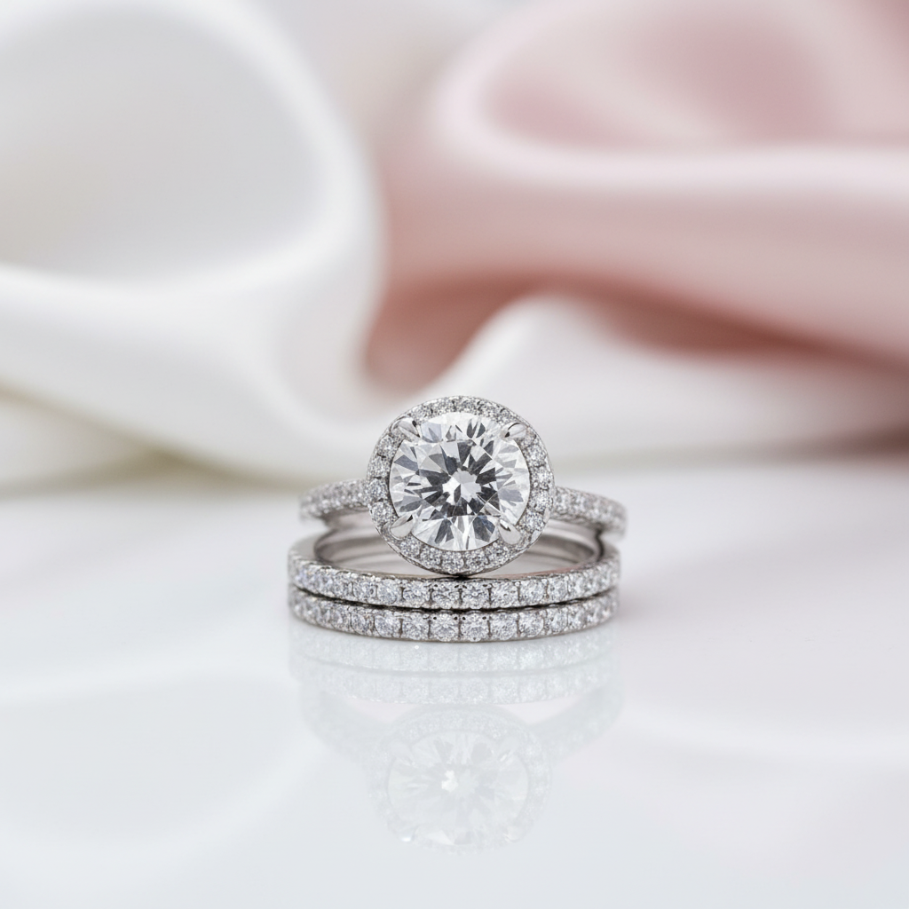 Classic Round Cut Halo 3-Pieces Wedding Set-Black Diamonds New York