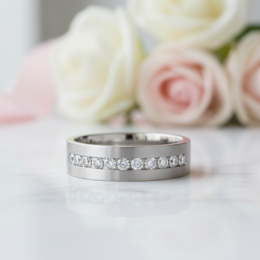 Classic Round Cut White Sapphire Men's Wedding Band-Black Diamonds New York