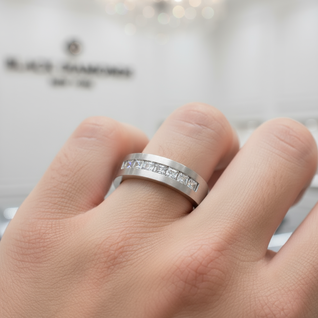 Classic Round Cut White Sapphire Men's Wedding Band-Black Diamonds New York