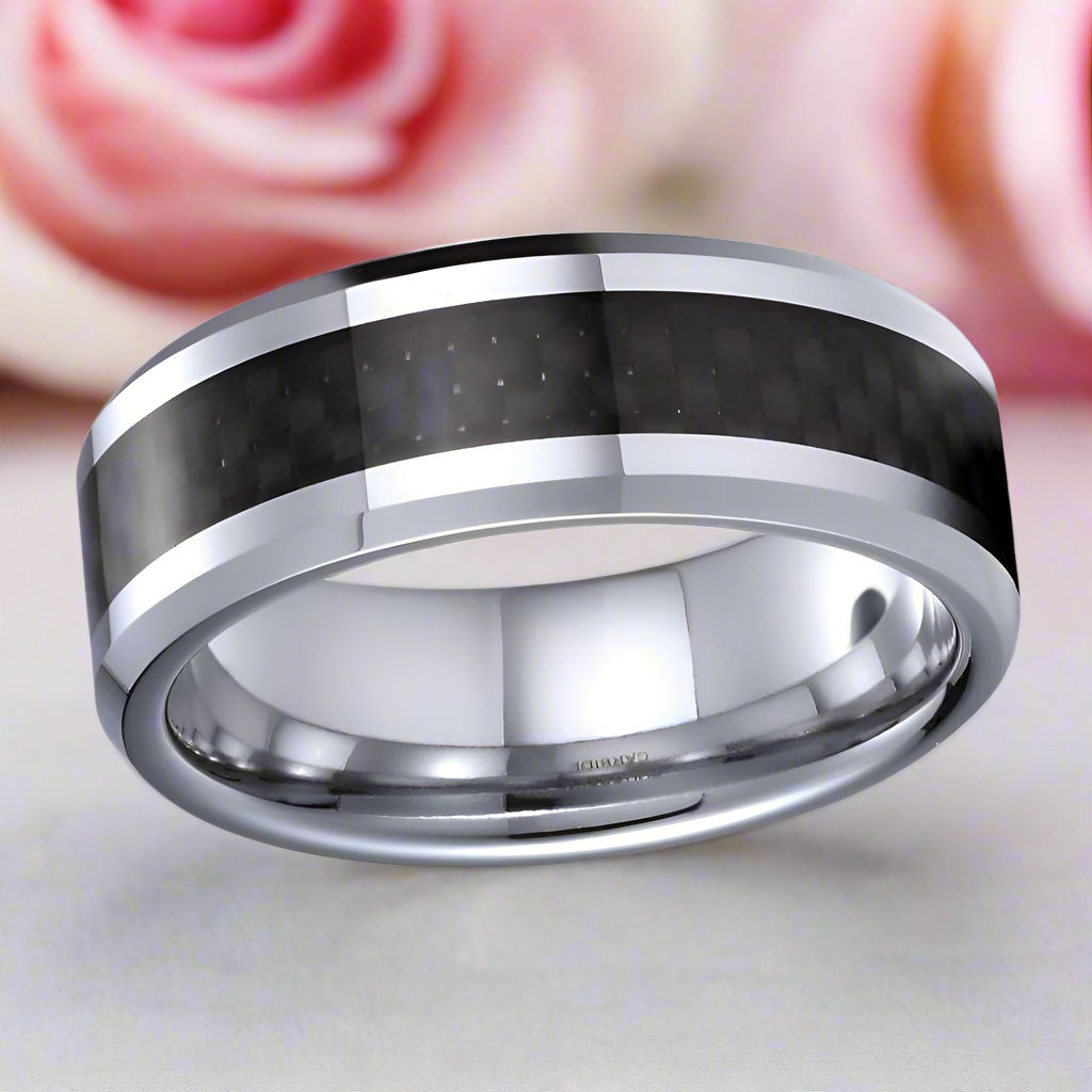 Classic Tungsten Carbide with Black Carbon Fiber Inlay Wedding Band-Black Diamonds New York