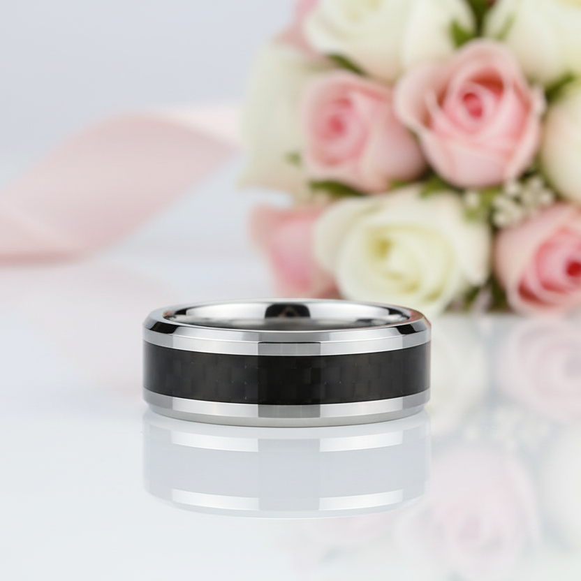 Classic Tungsten Carbide with Black Carbon Fiber Inlay Wedding Band-Black Diamonds New York