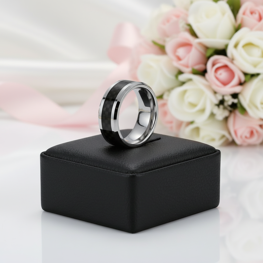 Classic Tungsten Carbide with Black Carbon Fiber Inlay Wedding Band-Black Diamonds New York