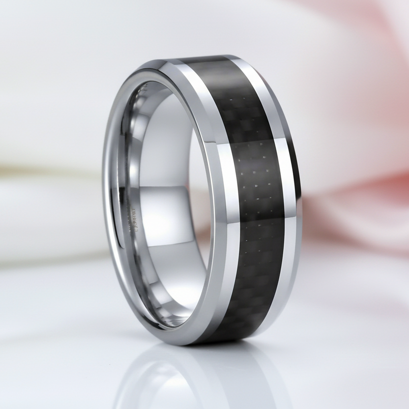 Classic Tungsten Carbide with Black Carbon Fiber Inlay Wedding Band-Black Diamonds New York