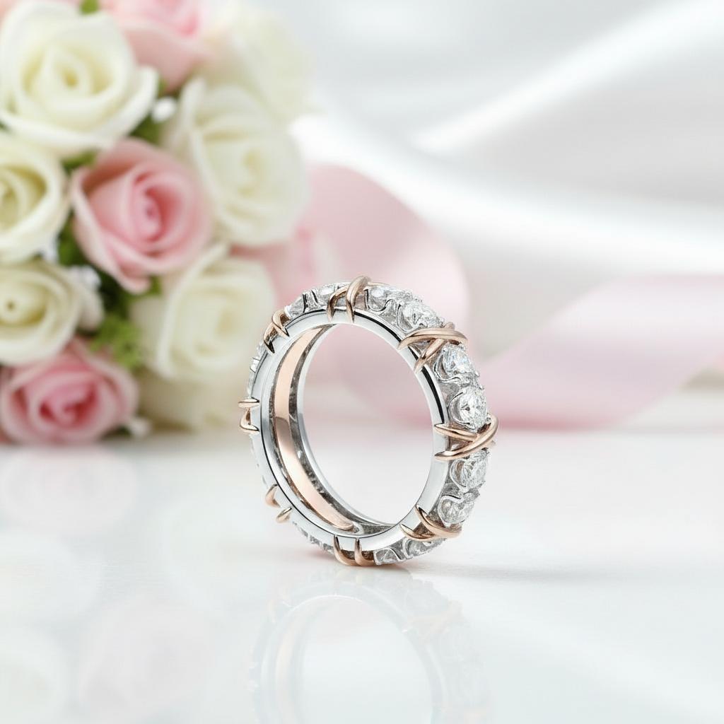 Classic Two Tone 14k Rose and White Gold Diamond Eternity Wedding Band-Black Diamonds New York