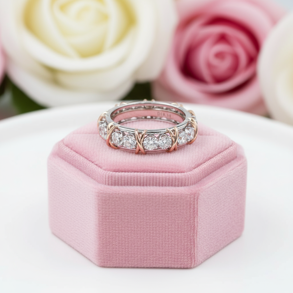 Classic Two Tone 14k Rose and White Gold Diamond Eternity Wedding Band-Black Diamonds New York