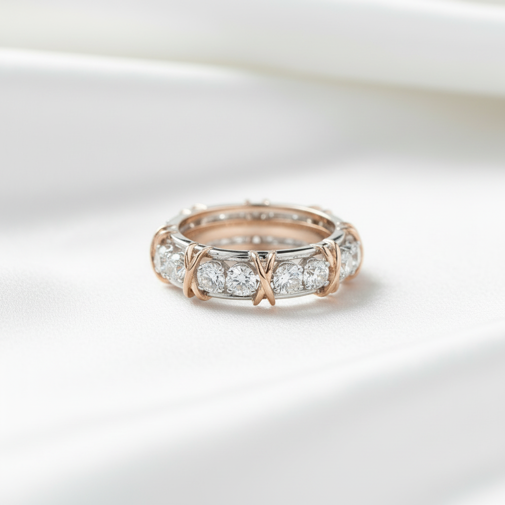 Classic Two Tone 14k Rose and White Gold Diamond Eternity Wedding Band-Black Diamonds New York