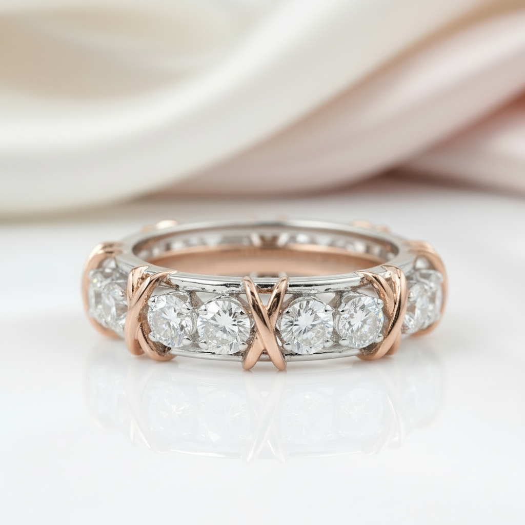 Classic Two Tone 14k Rose and White Gold Diamond Option Eternity Wedding Band-Black Diamonds New York