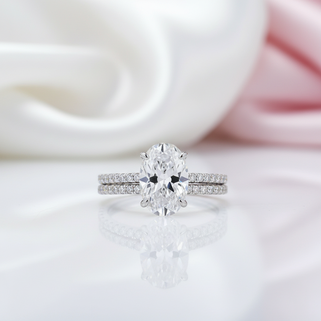 Diamond ring with a white ceramic dish in the background