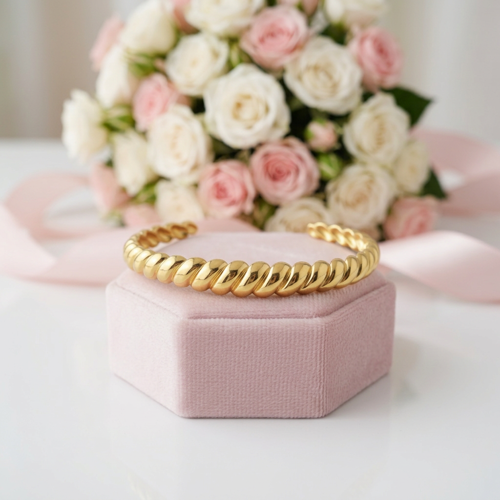 A gold twisted rope cuff bracelet displayed on a pink velvet jewelry box, with a blurred bouquet of pink and white roses in the background.