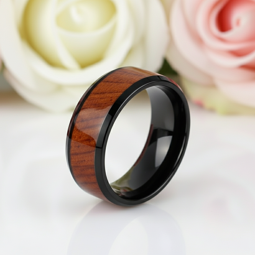 Classic Wood Matte Tungsten Men's Wedding Band-Black Diamonds New York
