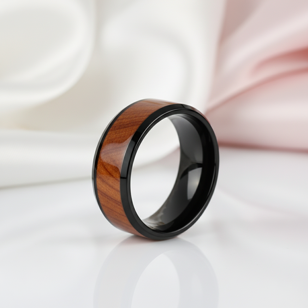 Classic Wood Matte Tungsten Men's Wedding Band-Black Diamonds New York