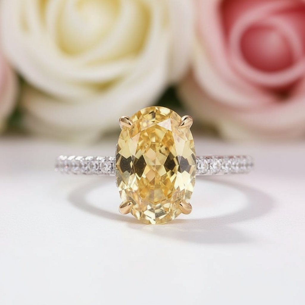 Classic Yellow 3.5 Carat Sapphire Oval Cut Diamond Engagement Ring-Black Diamonds New York