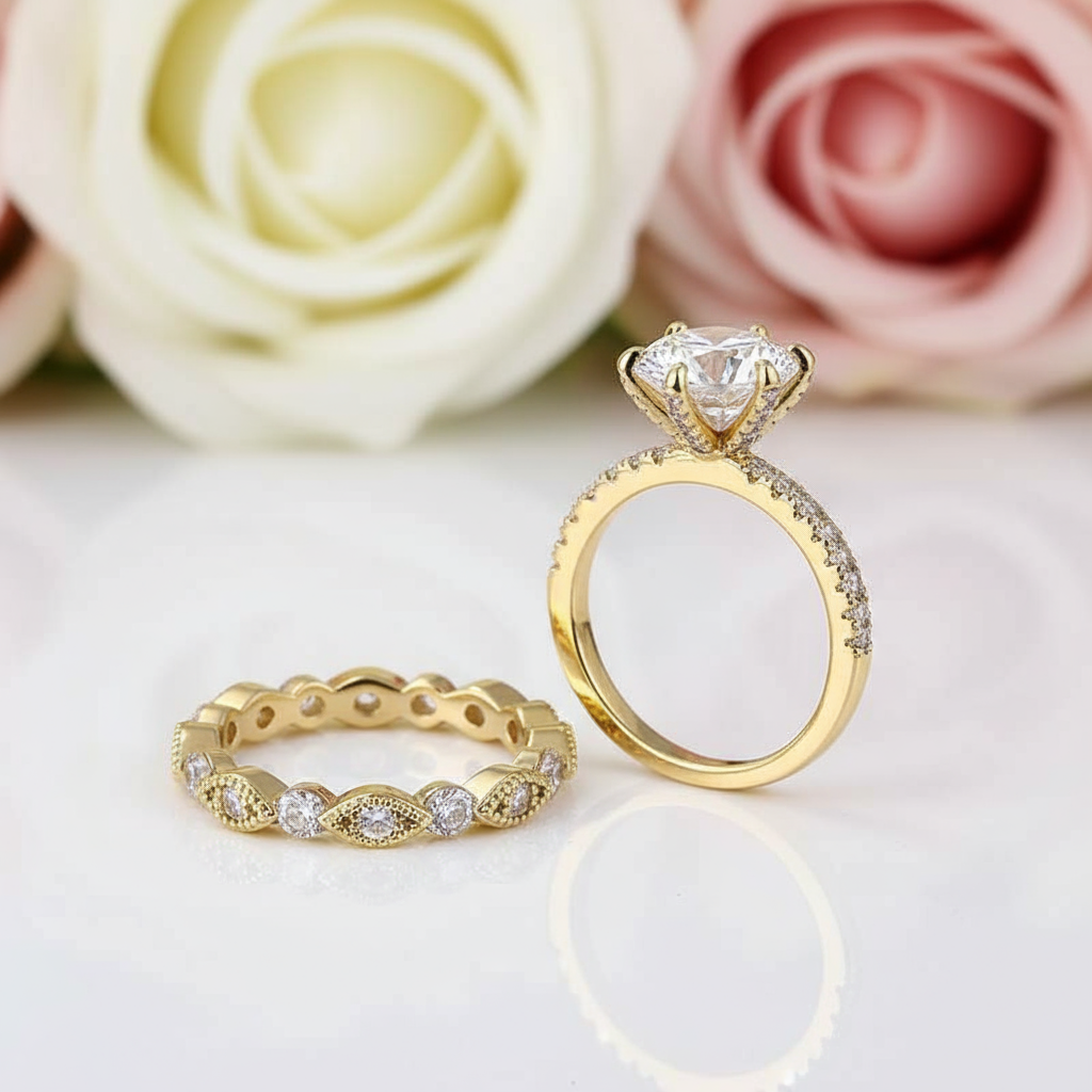 Classic Yellow Gold 6 Prong Round Cut Wedding Set-Black Diamonds New York