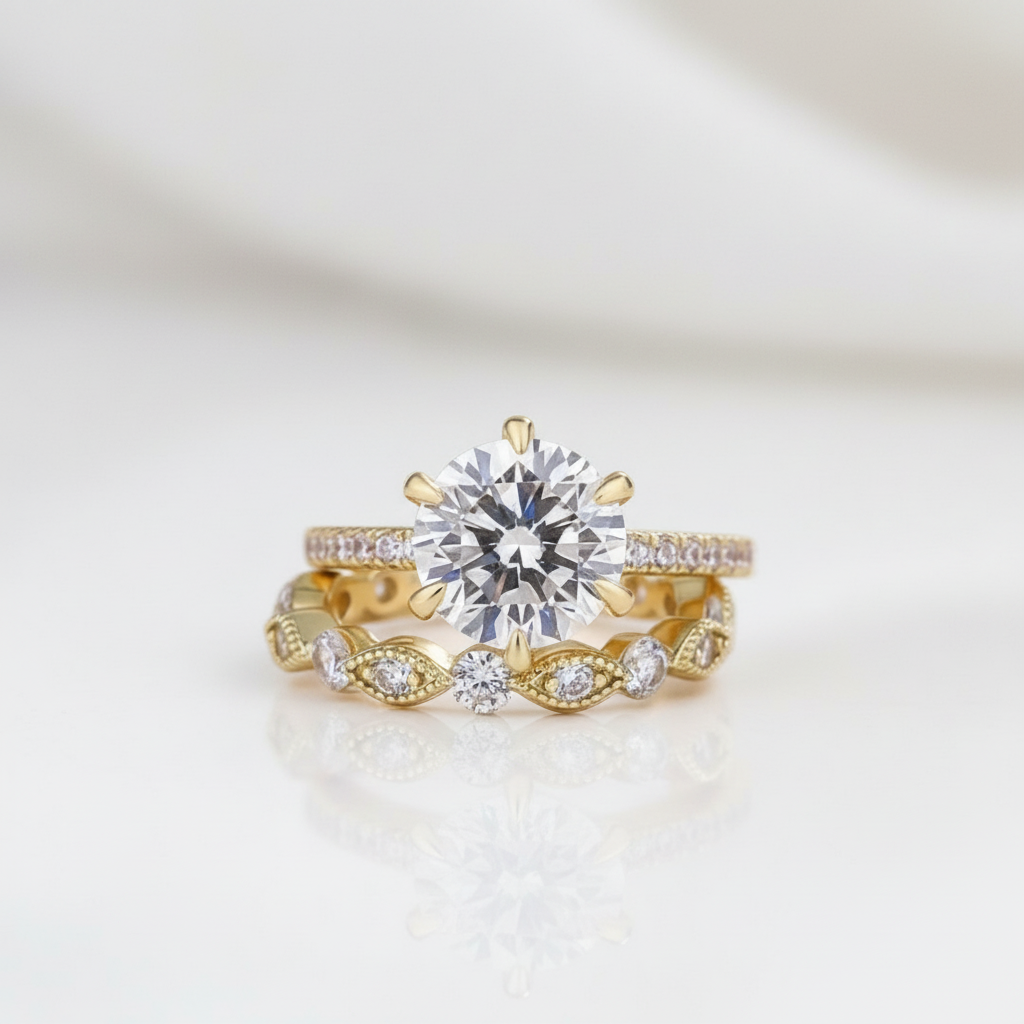 Classic Yellow Gold 6 Prong Round Cut Wedding Set-Black Diamonds New York