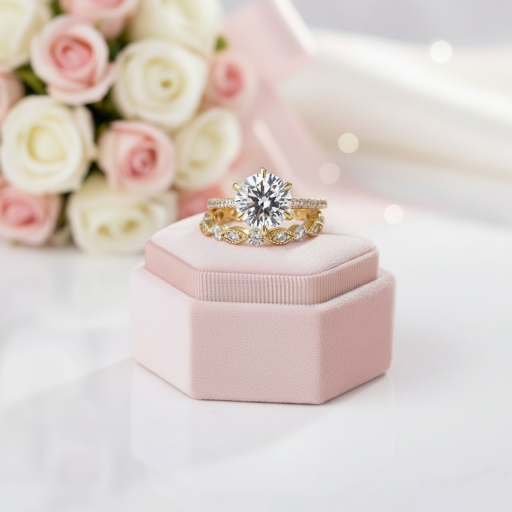 Classic Yellow Gold 6 Prong Round Cut Wedding Set-Black Diamonds New York