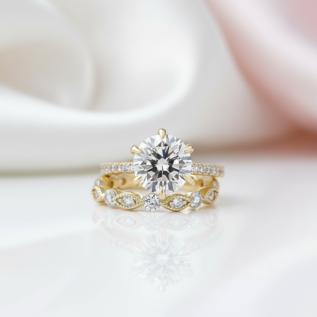 Classic Yellow Gold 6 Prong Round Cut Wedding Set-Black Diamonds New York