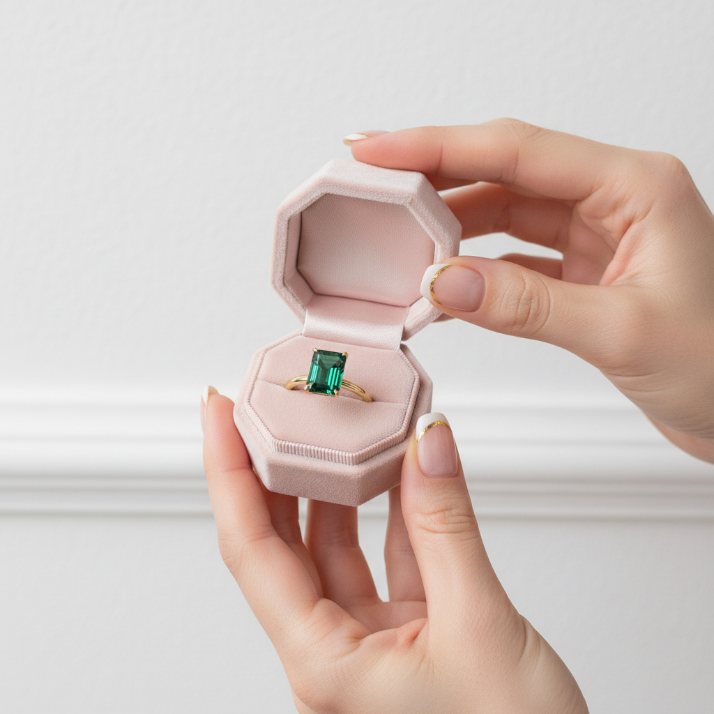 Pink jewelry box with a green gemstone and gold ring held by a hand on a light background