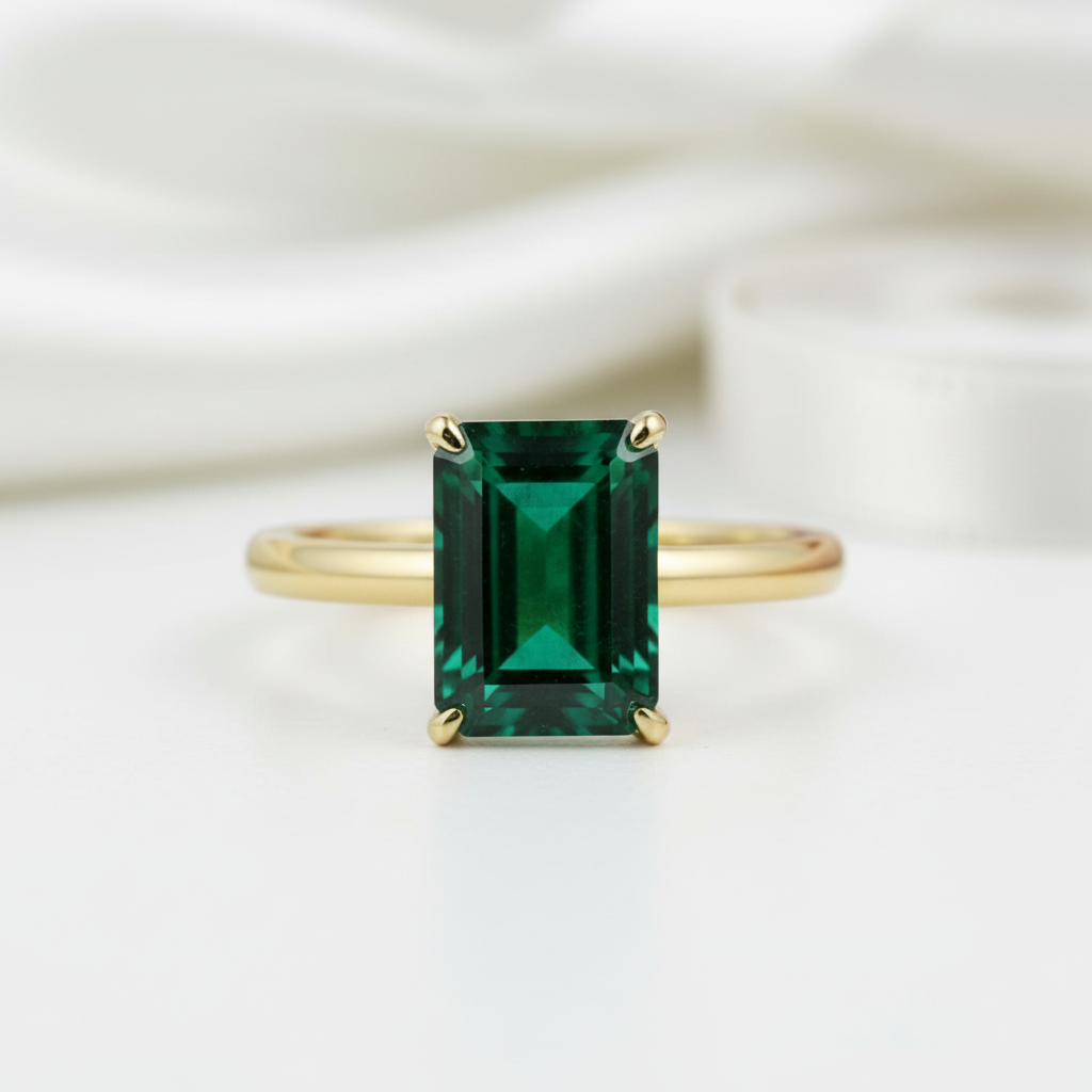 Gold ring with a green emerald-cut gemstone on a white background