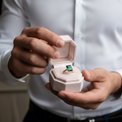Person holding a white jewelry box with a gold ring featuring a green gemstone.
