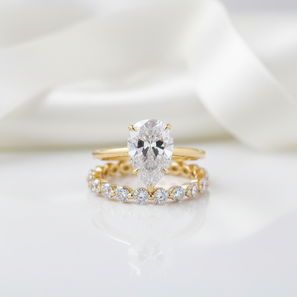 Classic Yellow Gold Pear Cut Wedding Ring Set-Black Diamonds New York